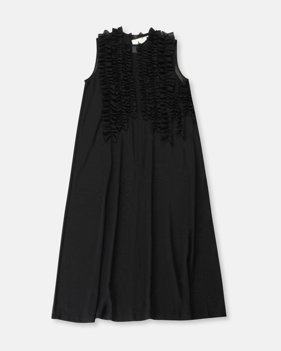 georgette ruffle front dress black