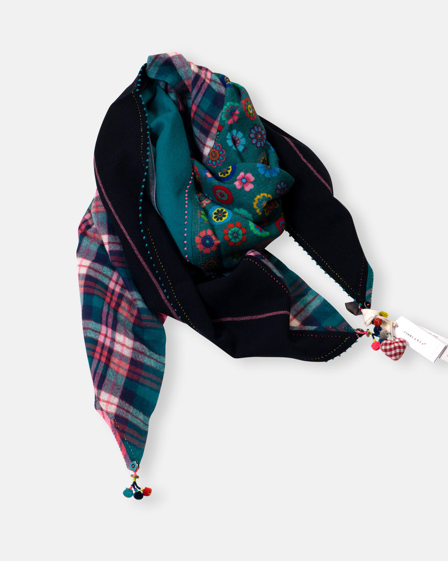 floral and plaid patchwork scarf