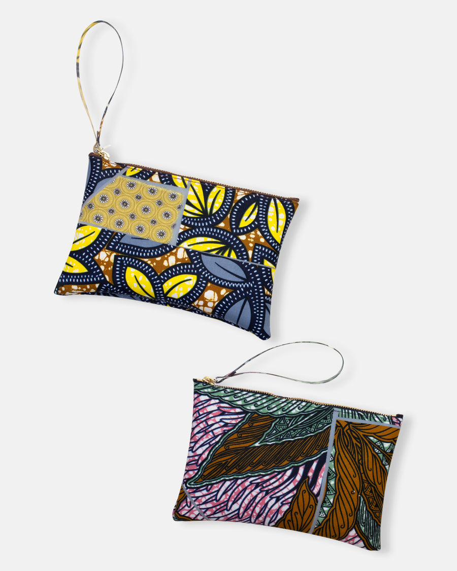 patchwork print medium rectangular pouch with wrist strap