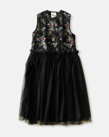 floral pattern jacquard & tulle dress