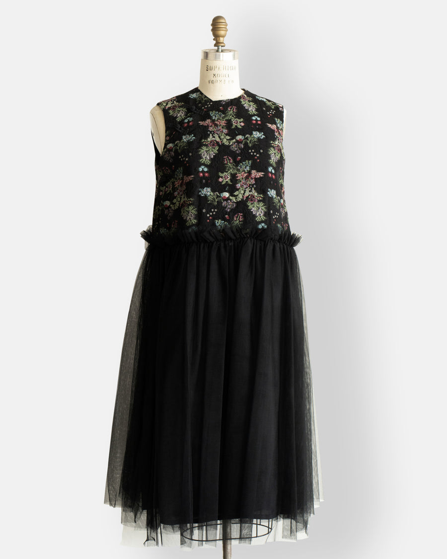 floral pattern jacquard & tulle dress