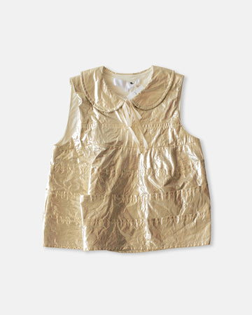 foil printed sleeveless top with peter pan collar