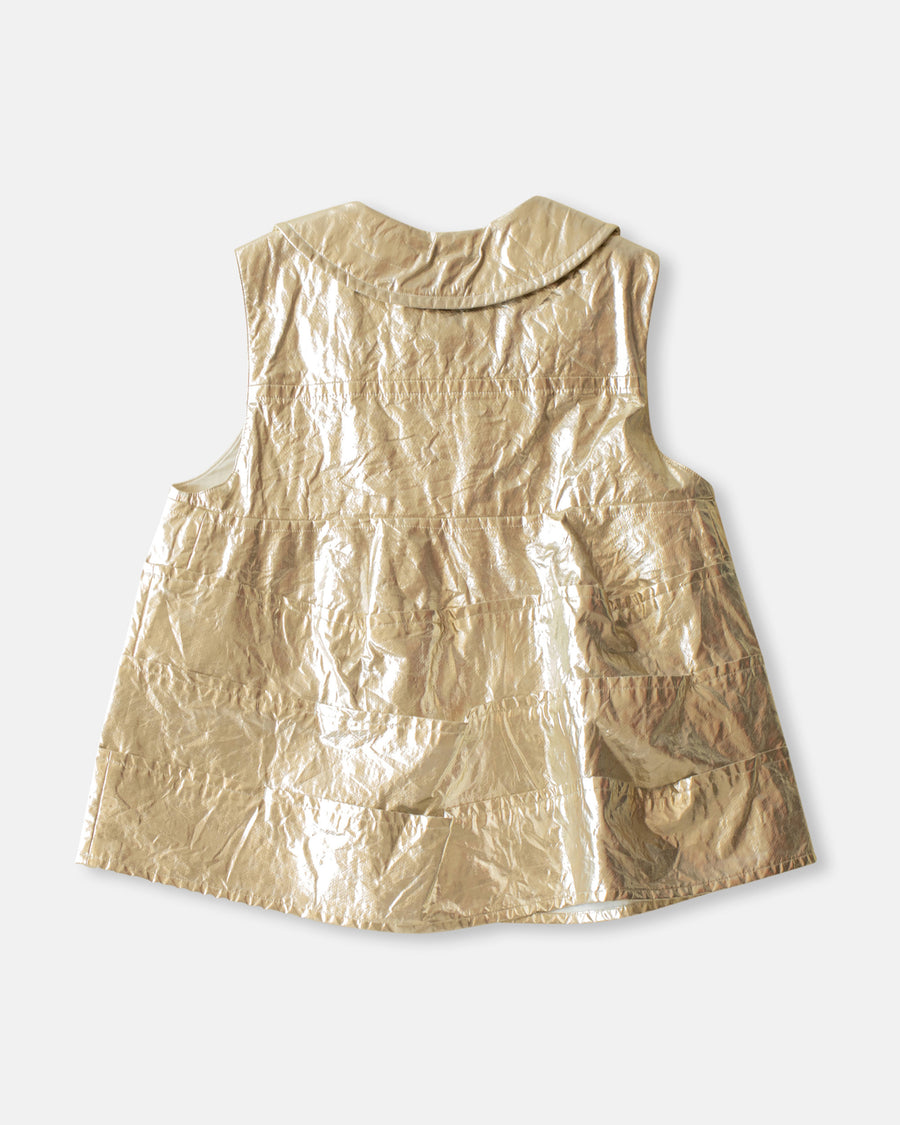foil printed sleeveless top with peter pan collar