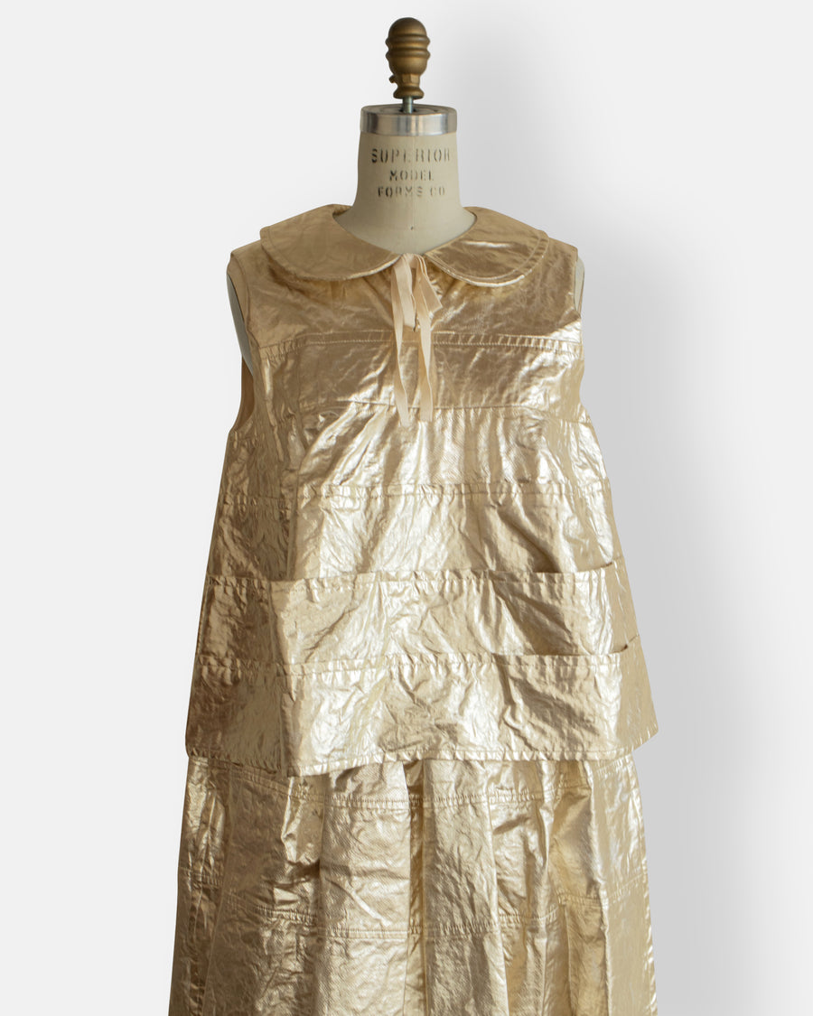 foil printed sleeveless top with peter pan collar