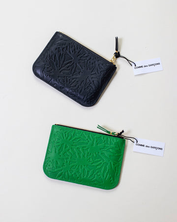 embossed forest small zip top pouch by comme des garçons wallets • colors: black & green • embossed leather • zip top closure • gold toned hardware  • 5 3/4