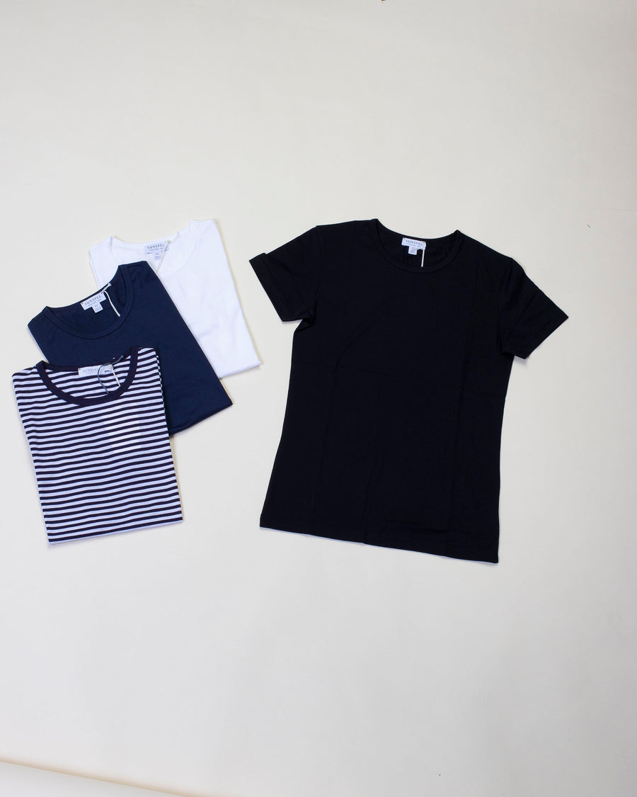 sunspel classic t-shirt • colors: navy/ white stripe, navy, white & black • made in pima cotton jersey • crew neckline • short sleeves